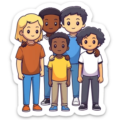 Group of diverse friends standing together, including a dark-skinned boy with straight hair, a light-skinned boy with straight blonde hair, a light-skinned girl with straight black hair, a mixed-race girl with straight brown hair, a light-skinned boy with wavy black hair, a mixed-race girl with dark curly hair, and in the center a light-skinned girl with wavy brown hair sticker