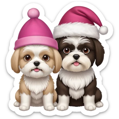 two dogs one little white all over shih tzu dog with pink santa hat and one mostly white with black havanese dog wearing a red santa hat sticker