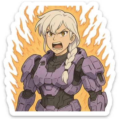 making an angry scowl rage face, rage aura,  female, wearing reach spartan armor shoulder-unequip, long white braid hair with massive messy front side single bangs, gold yellow eyes, attention pose, D-cup size, HALO:series, no helmet, the armor is lavender color scheme, sticker