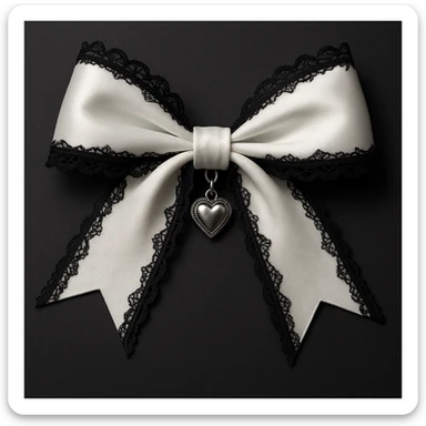 Edit the image to depict a white gothic bow with black lace trim and a heart charm in a general style. sticker