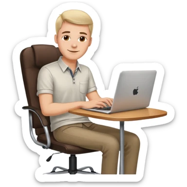 Rich man working setting on a chair in shirt and near the table with laptop he is german very beautiful looks like sticker