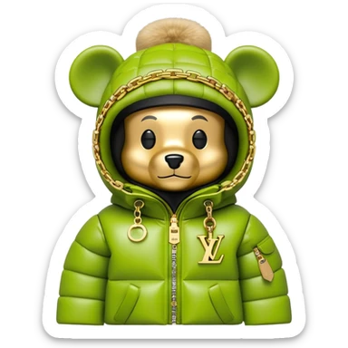 traditional cube-shaped bearbrick toy with squared head, lime balaclava with graffiti logos and integrated dark visor shield, Louis Vuitton monogram puffer jacket with plush fur hood trim, gold chains sticker