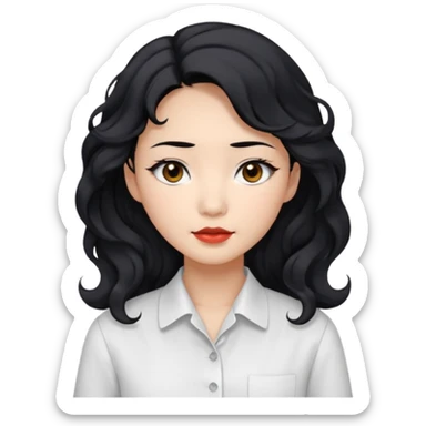 Asian woman, black hair, long permed wavy hair, white button-up shirt, flat colors, transparent background, black eyes sticker