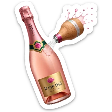 bottle of sparkling rosé champagne with a rose logo on the label, with the cork popping out, tilted up and to the left, no glass sticker