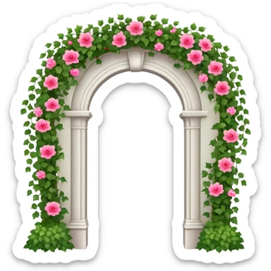 White tall archway with vines, ivies, and romantic pink and red flowers  sticker