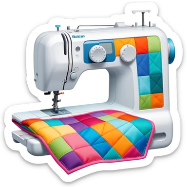 Patchwork and quilting icon, colorful fabric patches sewn together in a quilt pattern, sewing needle and thread, quilting tools like rotary cutter or quilting hoop, minimalistic style, clean lines, transparent background. sticker