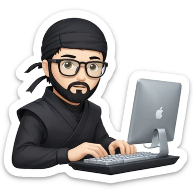 Man with black hair and beard wearing glasses in a ninja costume typing on a computer keyboard sticker