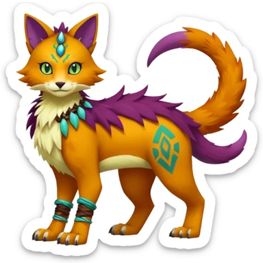 Kawaii cute reddish orangish yellowish greenish purplish exotic tribal beautiful pretty elegant divine edgy feline-vernid-sergal-Fakémon-Pokémon-Digimon-fursona-animal-creature with accessories, full body, with intricate detailed markings sticker