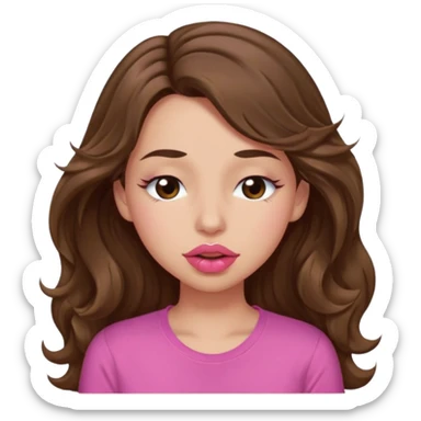 girl with long wavy brown hair, brown eyes, light to medium complexion, in a pink shirt, pink lips, long lashes, puckering lips kissing, winking with one eye closed sticker