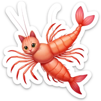 A pink shrimp with a cat's head, shrimp body and tail with cat face sticker