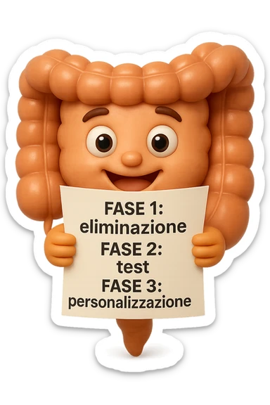 emoji stile iphone 3d di un intestino che tiene in mano un foglio con la scritta "FASE 1: eliminazione, FASE 2: test, FASE 3: personalizzazione, IPERREALISTICO 4K sticker