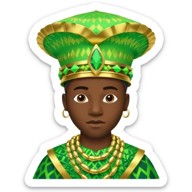 Create me an emoji of a cool Young Nigerian king wearing a neon green gradient African patterns with metallic "hula hat" (a Nigerian-inspired hat).  sticker