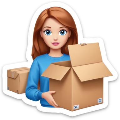 Barbie in a brown sweatshirt with shoulder-length reddish-brown hair, blue eyes with makeup, stands with a parcel box sticker