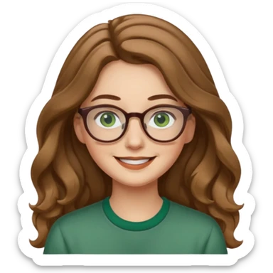 long wavy light brown hair woman with green eyes and glasses smiling closed mouth. middle part hair. medium thick eye brows sticker