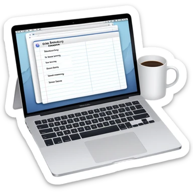 online booking system on MacBook screen beside a classic paper notebook and pen sticker