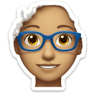 A fair-skinned girl, wearing blue plastic glasses, her hair is curly, she has a beautiful smile, and her left eyebrow is slit.  sticker