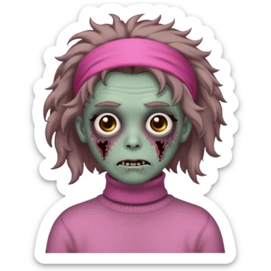 brown fluffy haired grey zombie with pink turtleneck sweater and hair band sticker