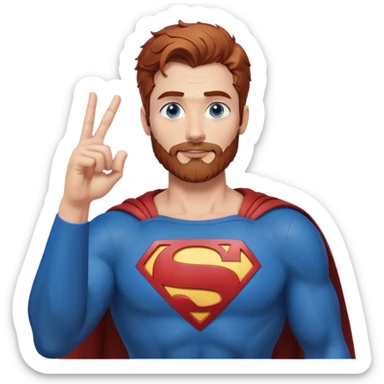 Adult-tall-full body- Superman-with redish brownish messy hair-full neatly trimmed beard-blue eyes-hand heart gesture sticker