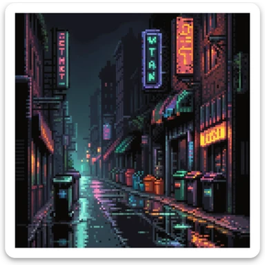 Pixel art background, side view of a dark Gotham-style street at night, moody lighting, flickering neon signs, trash bins, wet pavement, shadows in windows, 2D fighting game stage style, straight camera angle, vertical layout, 9:16 aspect ratio, suitable for mobile game
 sticker