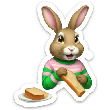 Rabbit wearing pink and green stripe sweater and eating bread sticker