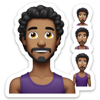 tanned, skinny, young man with long curly black hair, a goatee that's only on the chin, a big nose, black lipstick and wearing a purple tanktop sticker
