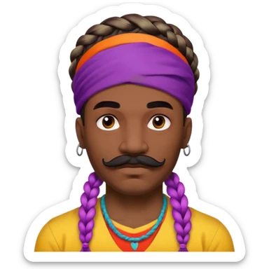 big lose braids starting from the top of the head man with mustache face wiith big visible braids and mono color headband on head  face and braids as big as headband and lots and lots of face tattoos colored tattoos like a tattoo artist hair unique color sticker