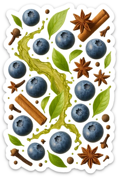 mirtilli, thè verde, spezie, fluttuano in aria, iperrealistico 4k sticker