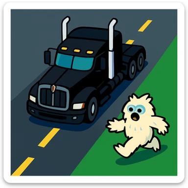 Put the small furry abominable snowman on the road in front of the black Kenworth W680 flat top semi truck, top-down colorful and playful style, no text. The style should be colorful and playful, top-down, with no text. sticker