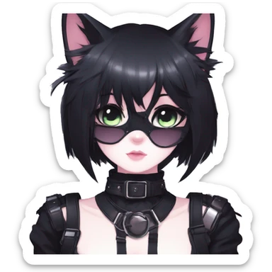 Gorgeous gothic dark techwear anime style anthro black cat furry with blushing face aesthetic and pretty edgy black with collar and harness trending style sticker