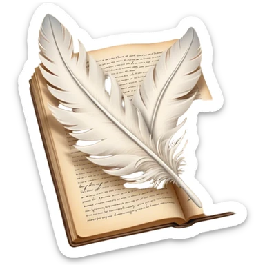 Create a poetic and elegant emoji representing poetry. The design should feature several vintage, gracefully flying pages with short, poetic columns written on them. A white feather quill should be depicted writing on one of the pages, with ink flowing smoothly. The pages should have a soft, antique look, with subtle details to convey the delicate nature of poetry. Use soft, light colors with a romantic, airy feel. Make the background transparent. sticker
