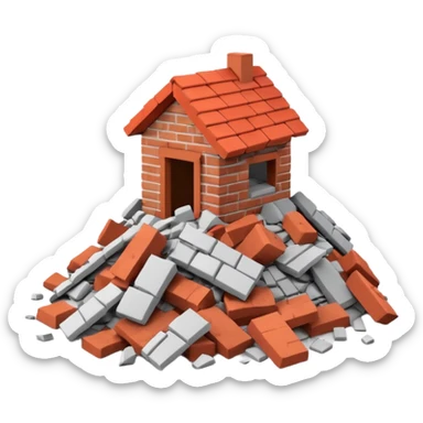 3D iPhone style emoji of a pile of bricks, roof pieces, and wall rubble, scattered and broken, isolated on white background, soft shadows, high detail, playful and cute sticker
