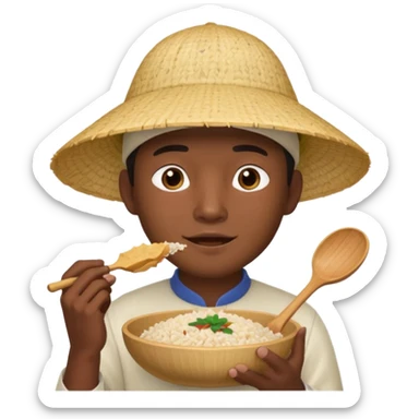 Asian guy with a rice hat eating a bat sticker