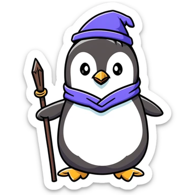 penguin wizard with a magical staff and wizard robe sticker