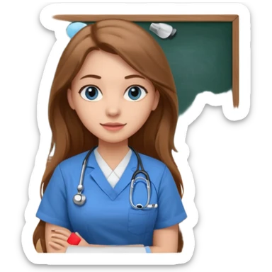 university classroom that says nursing school on the blackboard with a pretty female nursing student with long brown hair, blue eyes sticker