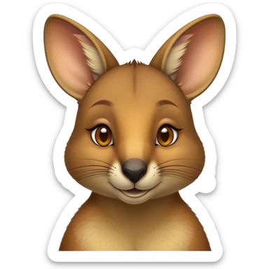 Cinematic Noble Wallaby Portrait Emoji, Poised and regal, with a compact, agile build and a soft, well-groomed fur of warm tan and light brown hues, deep-set soulful amber eyes and perky ears, Simplified yet sharp and sophisticated features, highly detailed, glowing with a soft, dignified glow, high shine, intelligent and spry, stylized with an air of bushland elegance, focused and attentive, soft glowing outline, capturing the essence of a watchful and confident marsupial, so majestic it feels as though it could hop out of the screen with effortless authority! sticker
