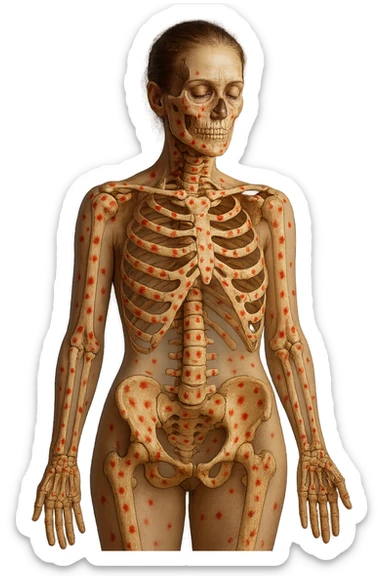 corpo umano anatomico di una donna affetta da fibromialgia, red spot sparsi sulle sue ossa, iperrealistica 4k sticker