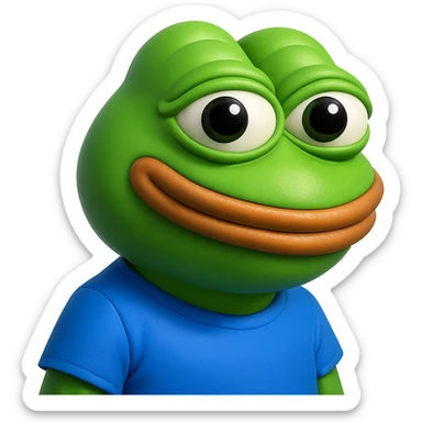 pepe in
- 3d style
- bright green
- blue shirt
- smiling
- looking straight at the camera
- good highlights and shadows
- 30deg angled towards the left sticker
