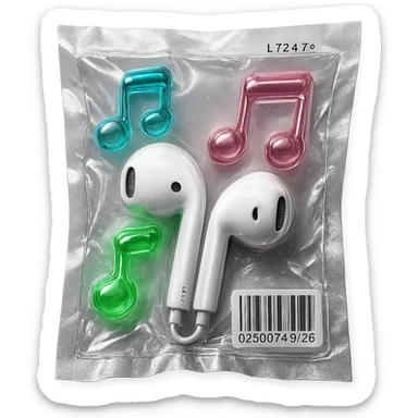 pair of white EarPods with three floating glass music notes in neon colors, shiny and puffy sticker
