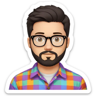 a 30-year-old man with light skin, medium solid build, wide face, soft cheeks, rounded jawline, neutral relaxed expression, short dense full beard, wavy voluminous brown-black hair at the front, large rectangular black thick frame glasses, colorful button-up shirt open showing white t-shirt sticker