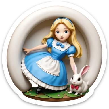 Still life, hyperrealism, 3D rendering, ultra detailed and vibrant illustration of the most incredibly cool modern style of disney's Alice in wonderland falling down the  rabbitbhole
figurine imaginable, toy style. sticker