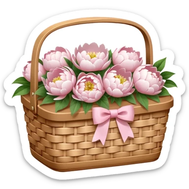 White Picnic basket with light pink bow and white peonies inside sticker