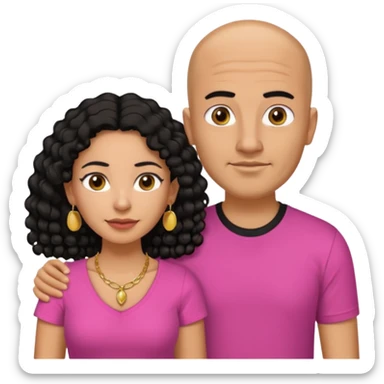 A picture if a couple. the man is a Mexican man with tanned skin, black hair, a bald hair cut, short boxed beard, and with a black t-shirt on. the woman is mixed with black and white, with brown curly long hair, gold earrings, a gold necklace and a pink shirt on and big boobs sticker
