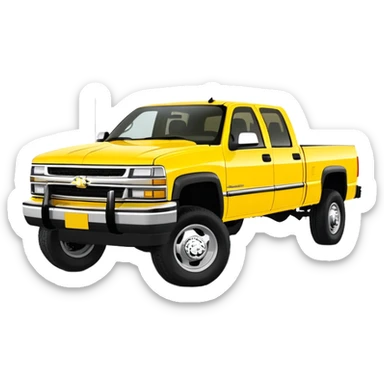 Bright yellow 1997 Chevrolet C-2500 Crew Cab Silverado pickup truck from Kill Bill movie, 30-degree angle view, iconic bright yellow color scheme, four-door crew cab, iOS emoji style sticker