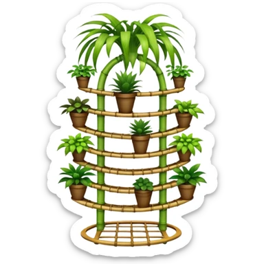 Very Large alien-futuristic multi-tier multi-level curved plant rack, which holds thirty-five plants, constructed from 7/8ths of an inch thin vining bamboo   sticker