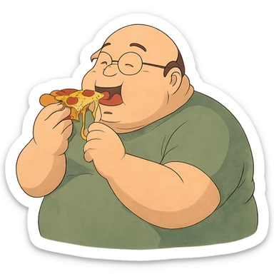 ghibli style illustration of a very fat bald man with glasses eating pizza sticker