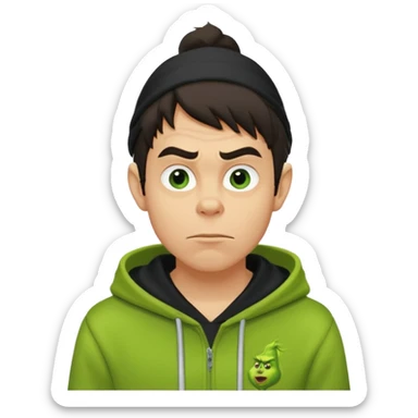 Create an avatar of white European with dark hair  male in hoodie with ``BST`` letters on it. Make background to look like from movie Grinch. make him look from right to left sticker