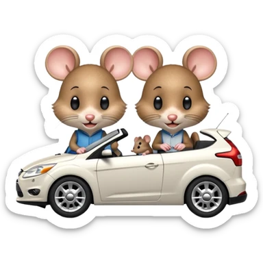 Two mouses, one girl and one boy drive a white ford focus card sticker