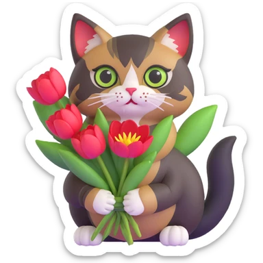 tricolor fluffy cat with big green eyes holding red tulips in her arms sticker