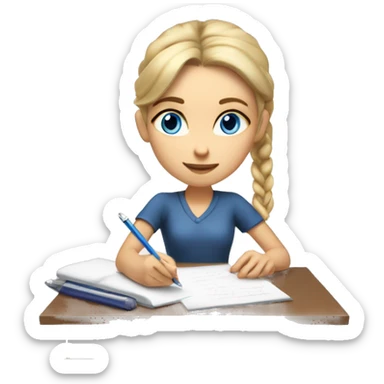 White Smart girl with blue eyes and light skin with hair pulled back with a hair clip doing Homework on a desk writing on a piece of paper  sticker