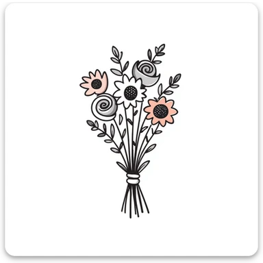 a hand-tied bouquet of assorted flowers with stems and leaves, pastel colors dd9fb0, ffc6d3, a3bfc9, c4bee2, f1b091, detailed hand-drawn doodle style sticker